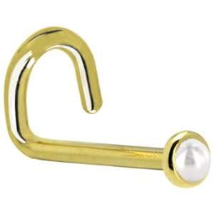   14KT Yellow Gold 2mm Akoya Pearl Left Nostril Screw  20 Gauge Jewelry