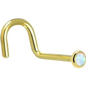   14KT Yellow Gold 2mm Synthetic Opal Right Nostril Screw   20 Gauge