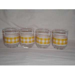  (4) Vintage Libbey Yellow Gingham Juice Glasses Cups   3 