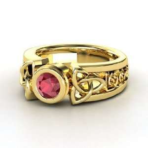  Celtic Sun Ring, Round Ruby 14K Yellow Gold Ring: Jewelry