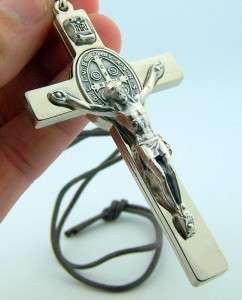 Saint St Benedict Cross Crucifix Silver P Rope Necklace  