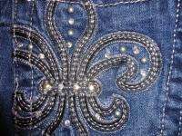 Brand New Miss Me Jeans Fleur de Lis Rhinestones Leather Stretch Denim 