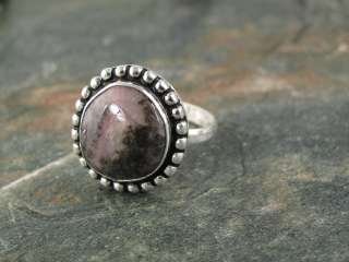 natural pink and black rhodonite    SIZE 8.5    silver ring 
