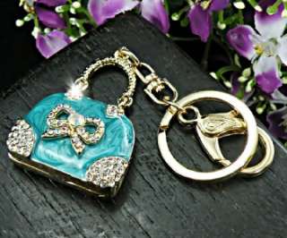 Teal Blue Enamel Handbag Purse with Swarovski Crystals Keychain Purse 