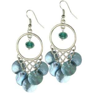    Blue Shell Cluster with Crystal Center Dangle Earrings Jewelry