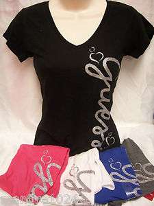 GUESS Womens EVA Silver Heart LOGO Graphic T Shirt XS S M L NWT Pink 