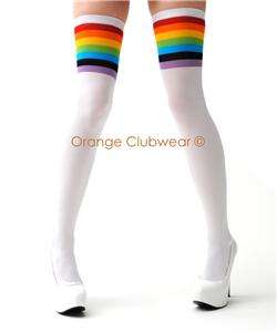 Sexy Womens Fun Colorful Rainbow Top Opaque White Thigh Highs 