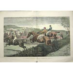   1882 MILITARY STEEPLECHASE HORSES JUMPING COLOUR PRINT