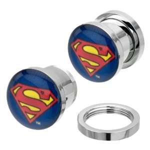 Surgical Steel Superman Logo Externally Threaded Screw Fit Plugs   00G 