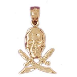  14kt Yellow Gold Skull With Swords Pendant: Jewelry