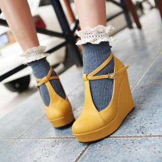 Ladies Fashion Buckle Strap Round Toe High Heels Platform Pumps Wedge 