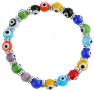 Evil Eye Glass Stretchable Bracelet w/ Clear Crystals  