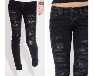 LACE lined ripped STONE WASHED skinny jeans BLACK 25 26 27 28 29 30 UK 