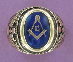 Blue Glass Gold GE Masonic Mason Mens Ring Sz 12  