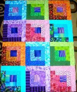 12 BRIGHT LOG CABIN Quilt Top Fabric Blocks Squares #12  