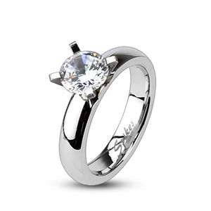  Stainless Steel Clear CZ Solitaire Prong Set Engagement/Wedding Ring 