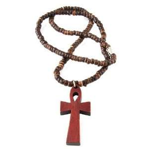  Brown Wooden Bead Necklace w/ Brown Ankh Cross: Jewelry