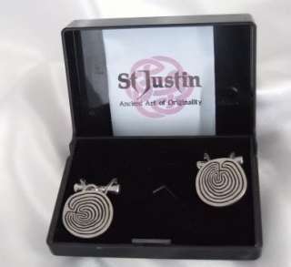 St Justin Cufflinks Pewter Celtic Embossed Spiral Chain Black Plastic 