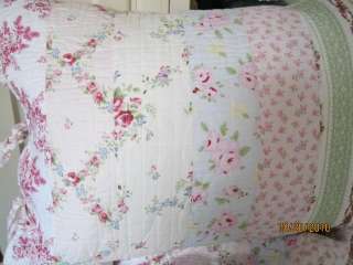 SHABBY AQUA BEACH COTTAGE CHIC PINK ROSES SWAG QUILT PATCHWORK PILLOW 