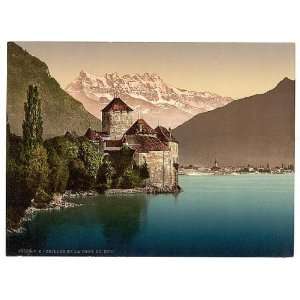 Photochrom Reprint of Chillon Castle, and Dent du Midi, Geneva Lake 