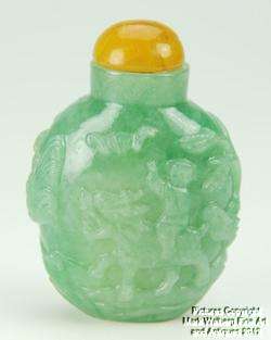 Chinese Natural Jadeite Jade Snuff Bottle, Boy on Qilin, Scholar on 