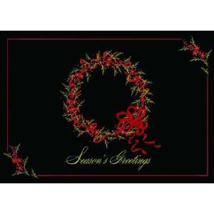  Red & Gold Holly Wreath on Black Holiday Cards