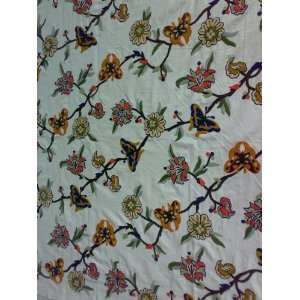 Crewel Fabric Butterfly n blooms on off white Cotton Duck  
