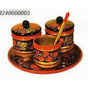 Tray, 3 bowls and spoon set * KHOKHLOMA Russian Hand painted Wooden 