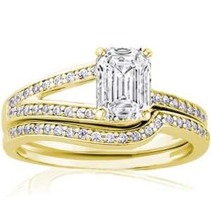  0.80 Ct Emerald Cut Diamond Wedding Rings Set pave VS1 H 