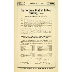 1901 Ad Mexican Central Railway Business Travel Andrade   Original 