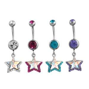 Silver Stars with Turquoise Colored Jewels Dangle Belly Ring   14g (1 