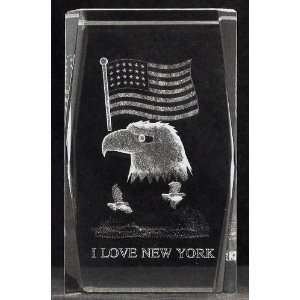 3d Laser Crystal Eagle, Flag  I Love New York 5x5x8 Cm Cube + 3 Led 