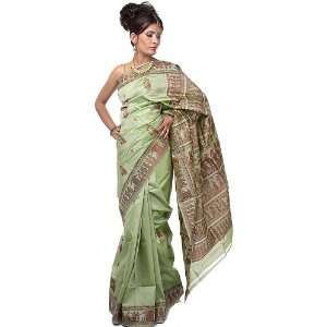 Tea Green Baluchari Sari Depicting Hindu Mythological Episodes   Pure 