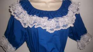 ROYAL BLUE PEASANT STYLE BLOUSE W/ WHITE/SILVER LACE ROCKABILLY 