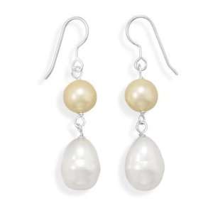  Shell Base Pearl Drop Earrings Yellow and White Sterling 
