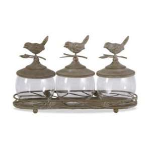  IMAX Metal Tray With Glass Canisters Adorned W/ Birds Decorative 