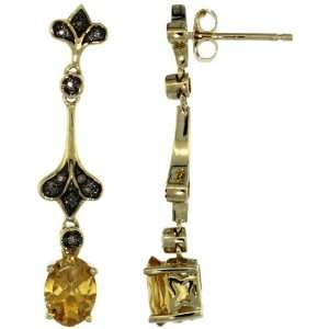 10k Gold Floral Oval Stone Dangle Earrings w/ 0.09 Carat Brilliant Cut 