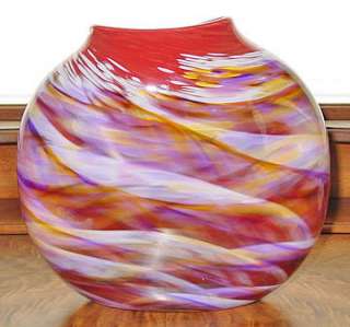 Signed ROSETREE Red and Purple Medallion Art Glass Vase  