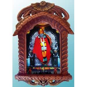  Lord Sai Baba Sitting on Throne Statue Poster in Wood 