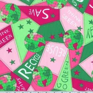  45 Wide Save The Earth Patchwork Pink/Green Fabric By 