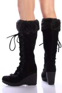 Black Furry Wedge Lace Up Knee Boots Women   Vegan Friendly!  