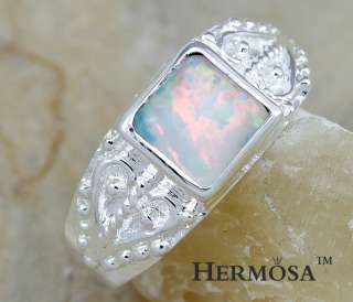   Hermosa Cute Fire White Opal Carved Pattern Sterling Silver Ring 8