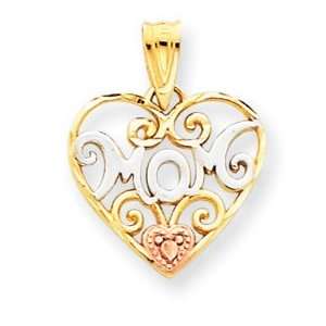  14k Yellow & Rhodium Gold Mom Scrolled Heart Pendant 