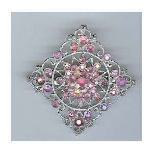 Diamond Shaped Brooch with Silver Nickel Finish and Pink 