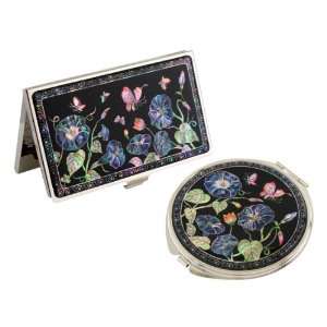  of Pearl Blue Morning Glory Flower Design Magnifying Compact Makeup 