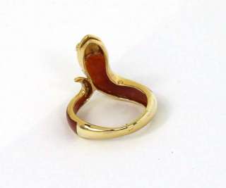 STYLISH 14K GOLD & HAND CARVED RED JADE SNAKE RING  