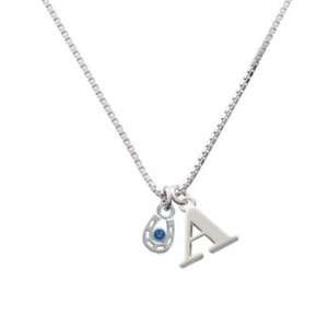 Mini Horseshoe with Blue Swarovski Crystal A Initial Charm Necklace