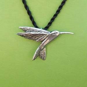  Pewter Hummingbird Pendant on Cord, Bird Jewelry Jewelry