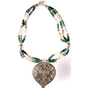 Malachite and Pearl Beaded Necklace with Ratangarhi Pendant   Sterling 