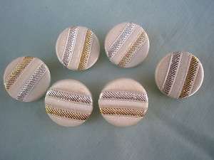 Vintage (6) White Gold and Silver Lame Fabric Button  